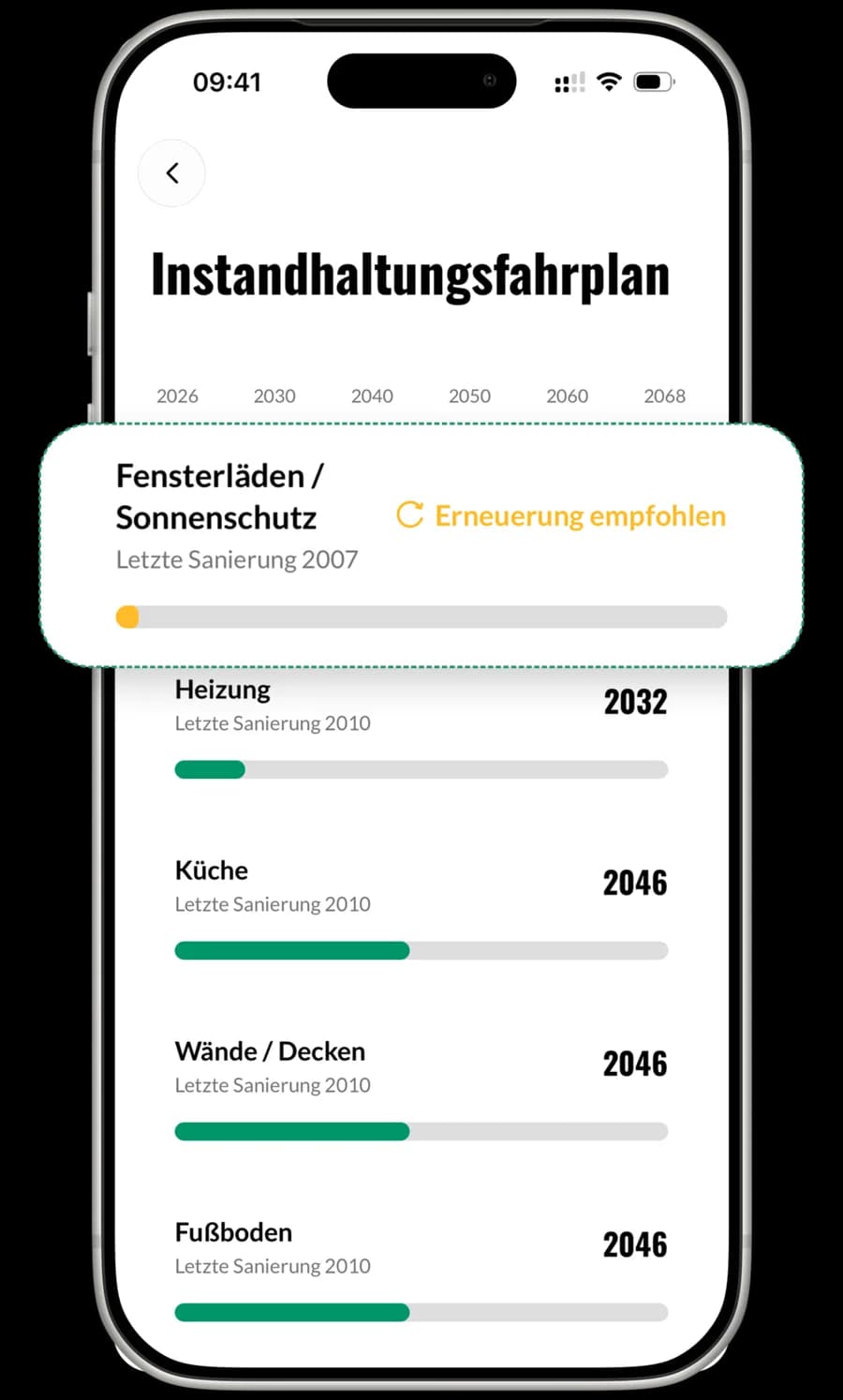 PropertyPilot App: Instandhaltungsfahrplan mit Sanierungs-Zeitachse pro Bauteil